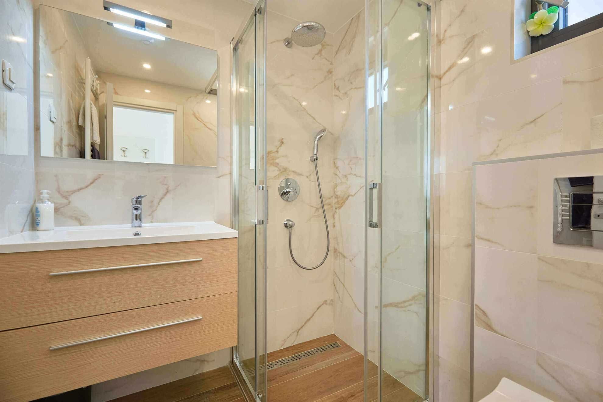 Shower, hair dryer, towels