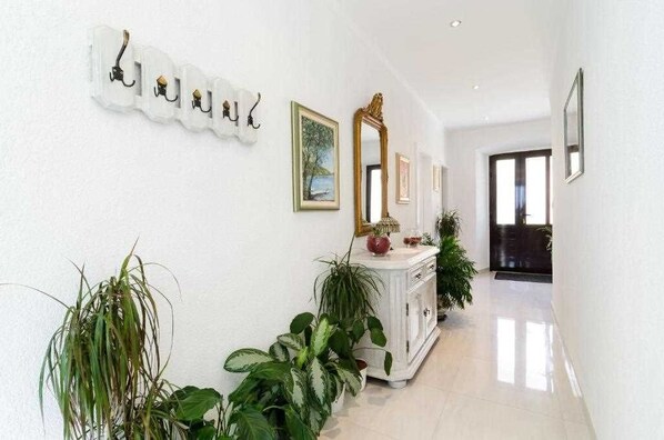 A hallway with white walls, a white console table, and several potted plants.