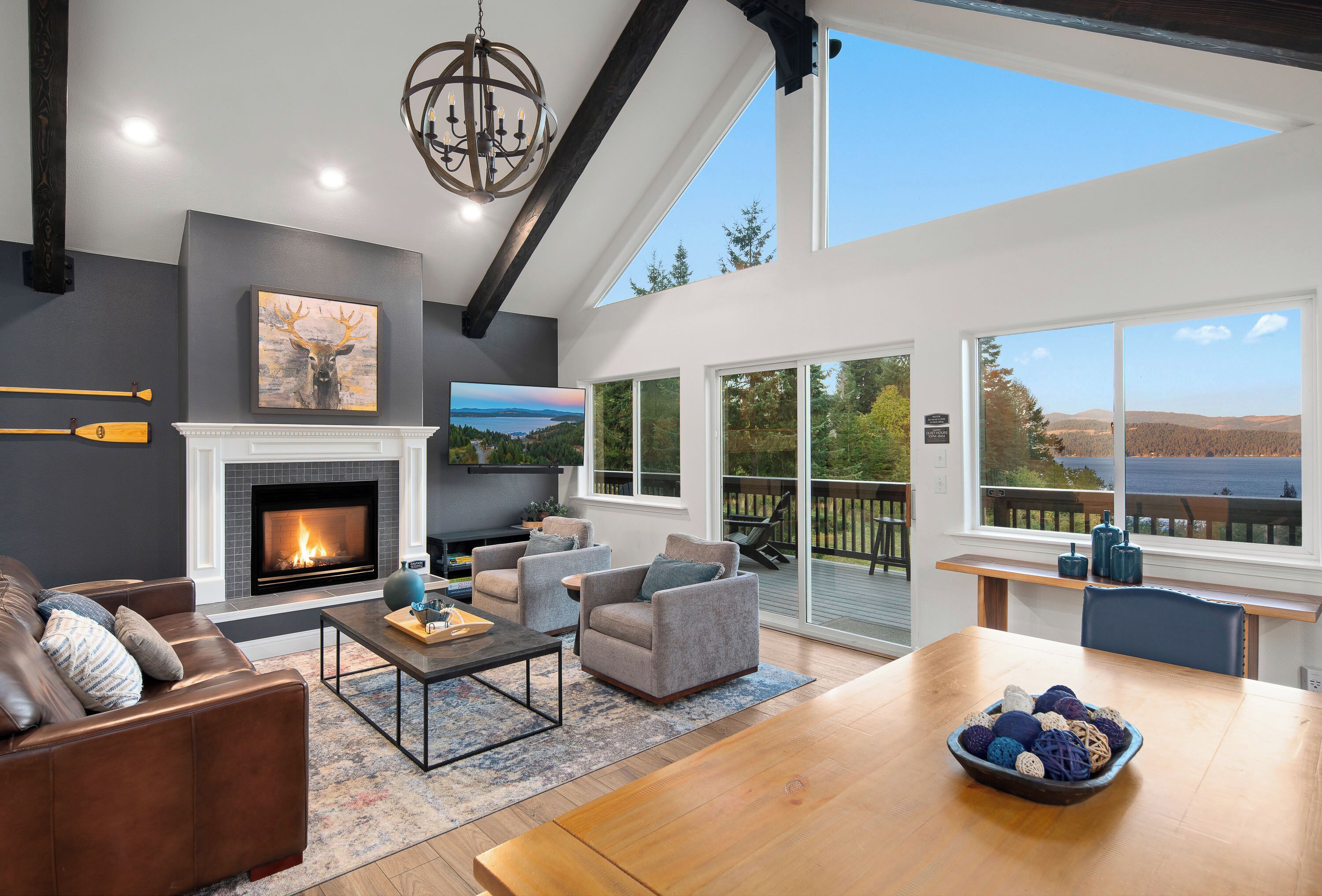 Smart TV, fireplace, video games, DVD player