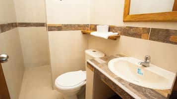 Shower, towels, soap, toilet paper