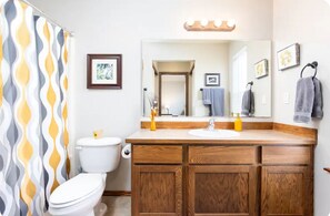 Hair dryer, towels, soap, shampoo