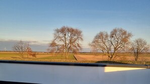 A tiled floor with a view of a rural landscape including trees and fields.
