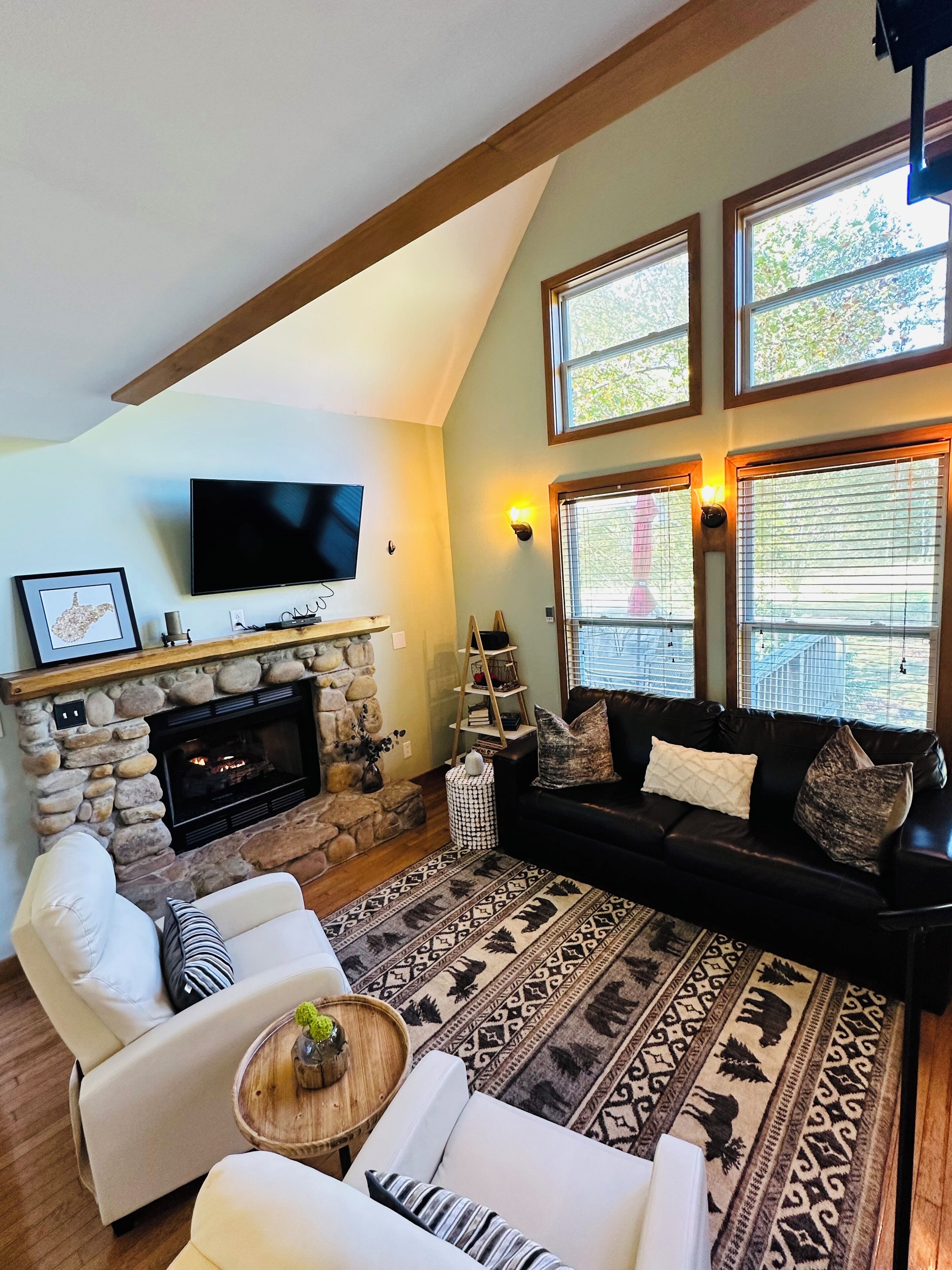 Älytelevisio, takka, DVD-soitin, kirjoja