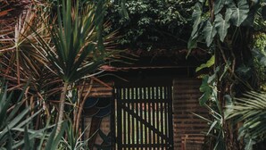 Un jardín con un portón de madera, plantas en macetas y un muro de ladrillo.