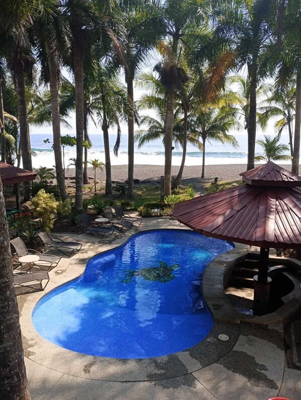 Piscina con muelle de madera, rodeada de palmeras y vista al mar.