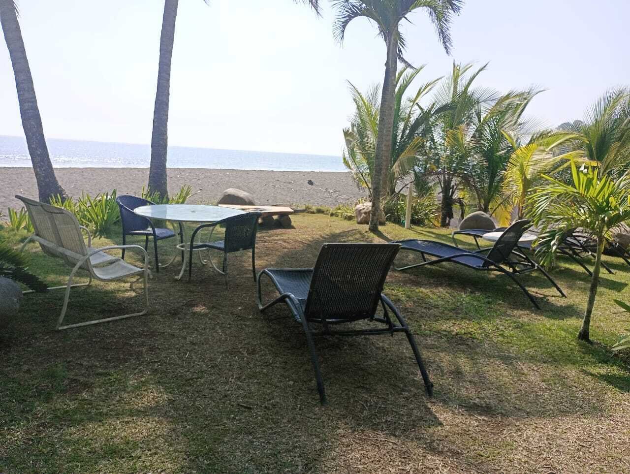 Un espace extérieur aménagé avec une table et des chaises, entouré de palmiers et offrant une vue sur la plage.