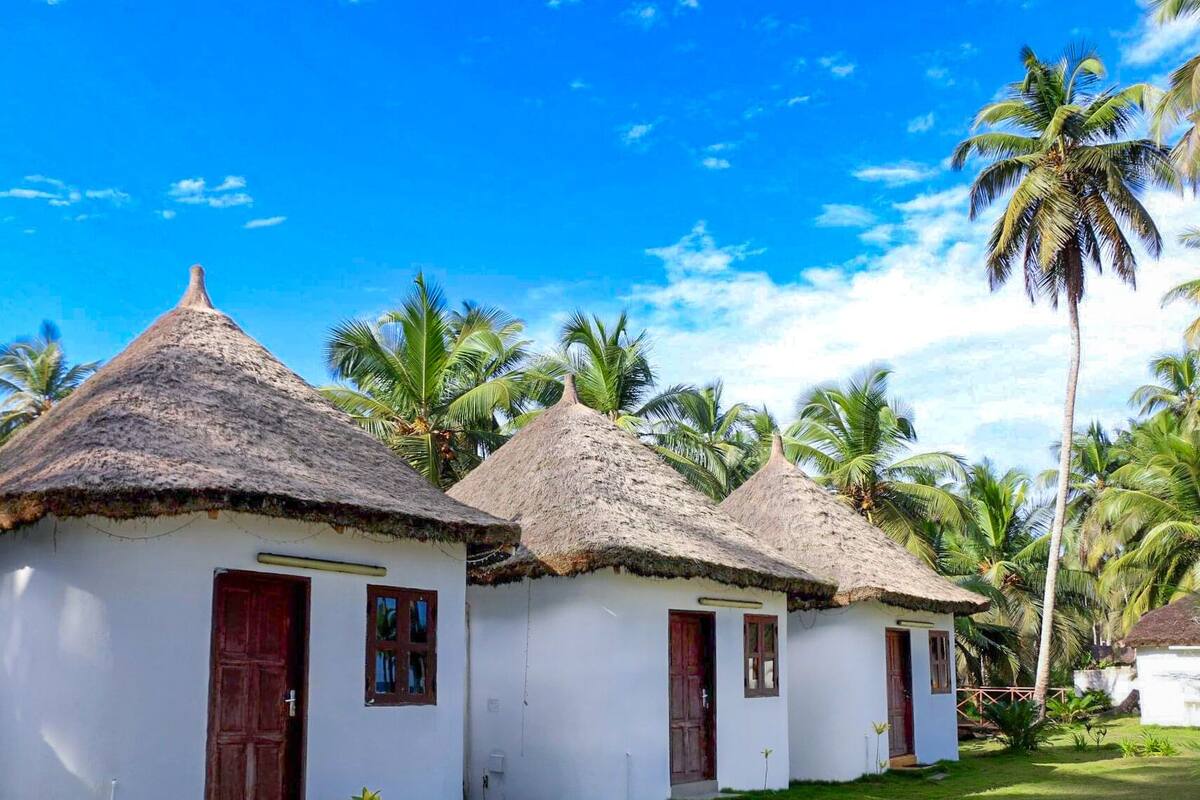A row of thatched-roof huts with white walls and wooden doors, surrounded by palm trees under a clear blue sky.
