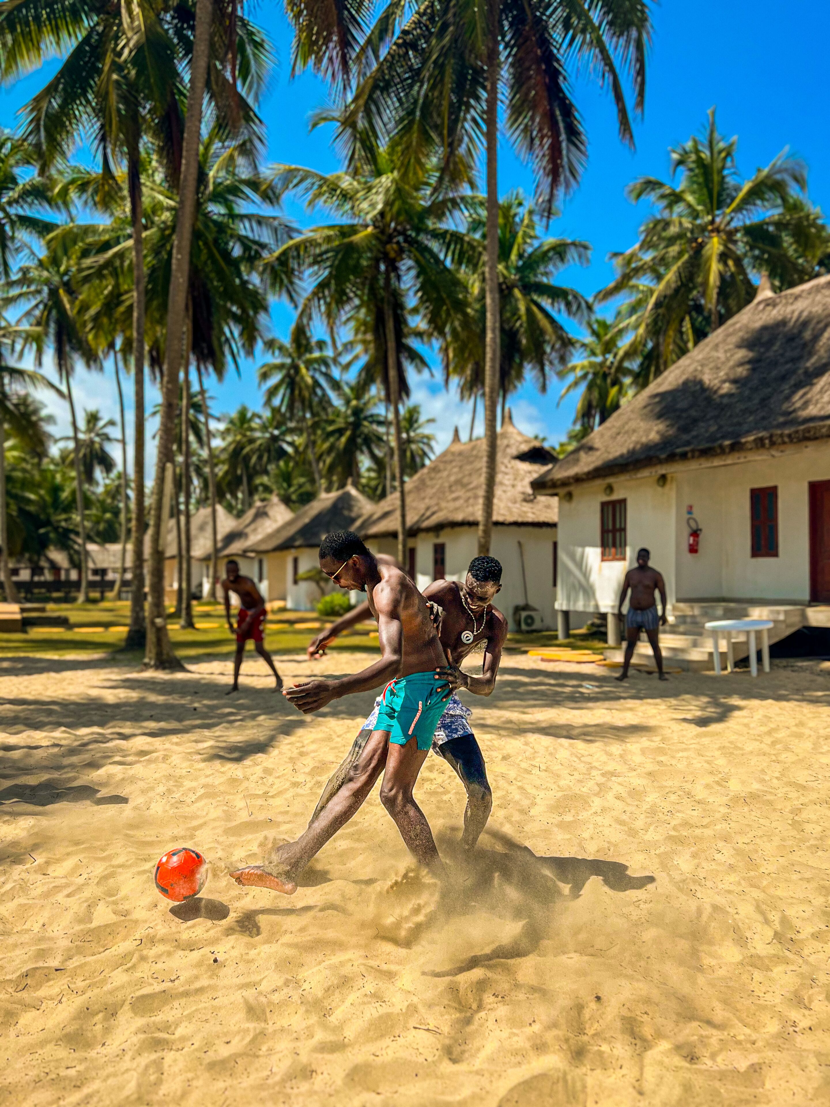 A sandy beach with palm trees and thatched-roof huts.