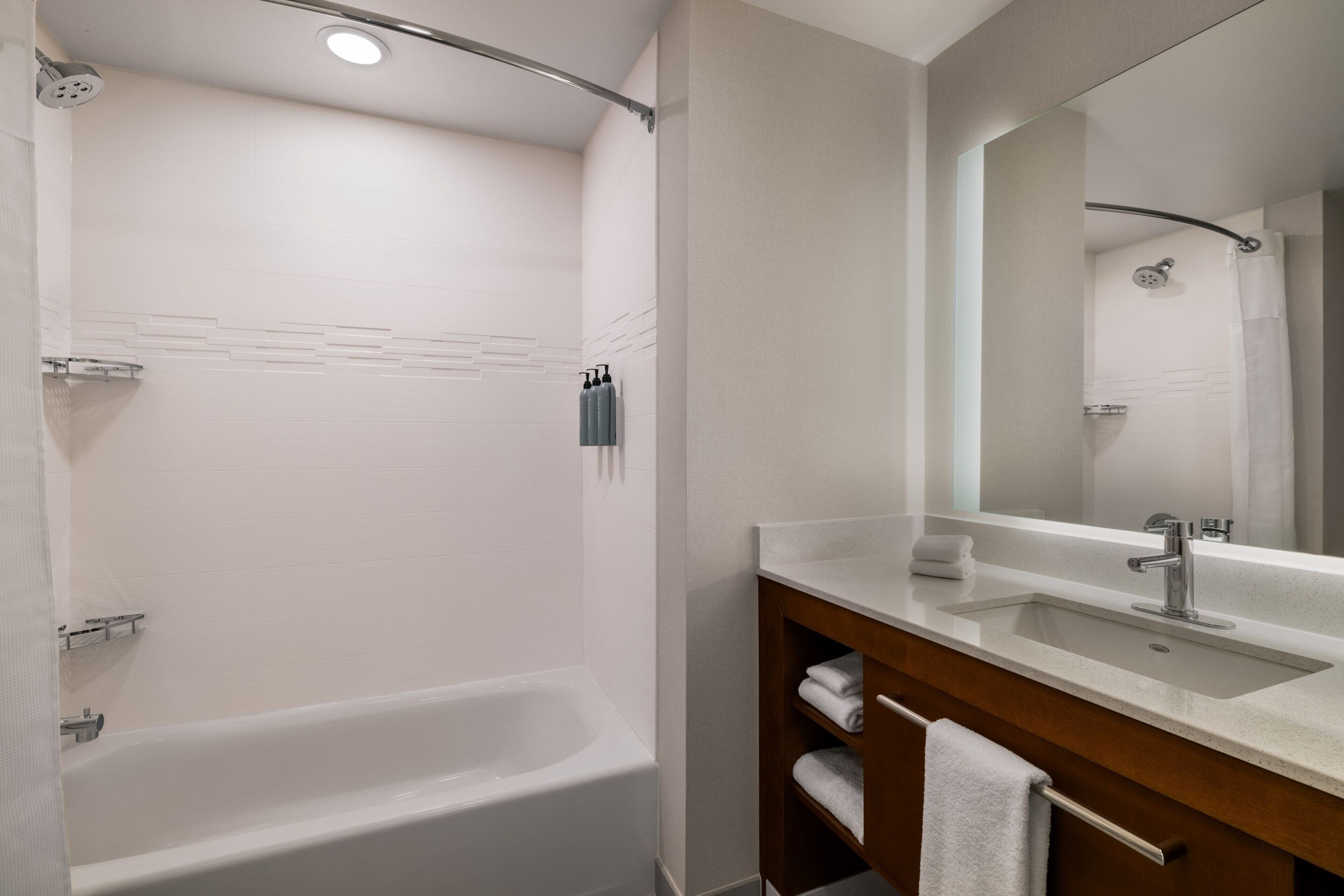Une salle de bain moderne avec une baignoire, un meuble-lavabo et un grand miroir.