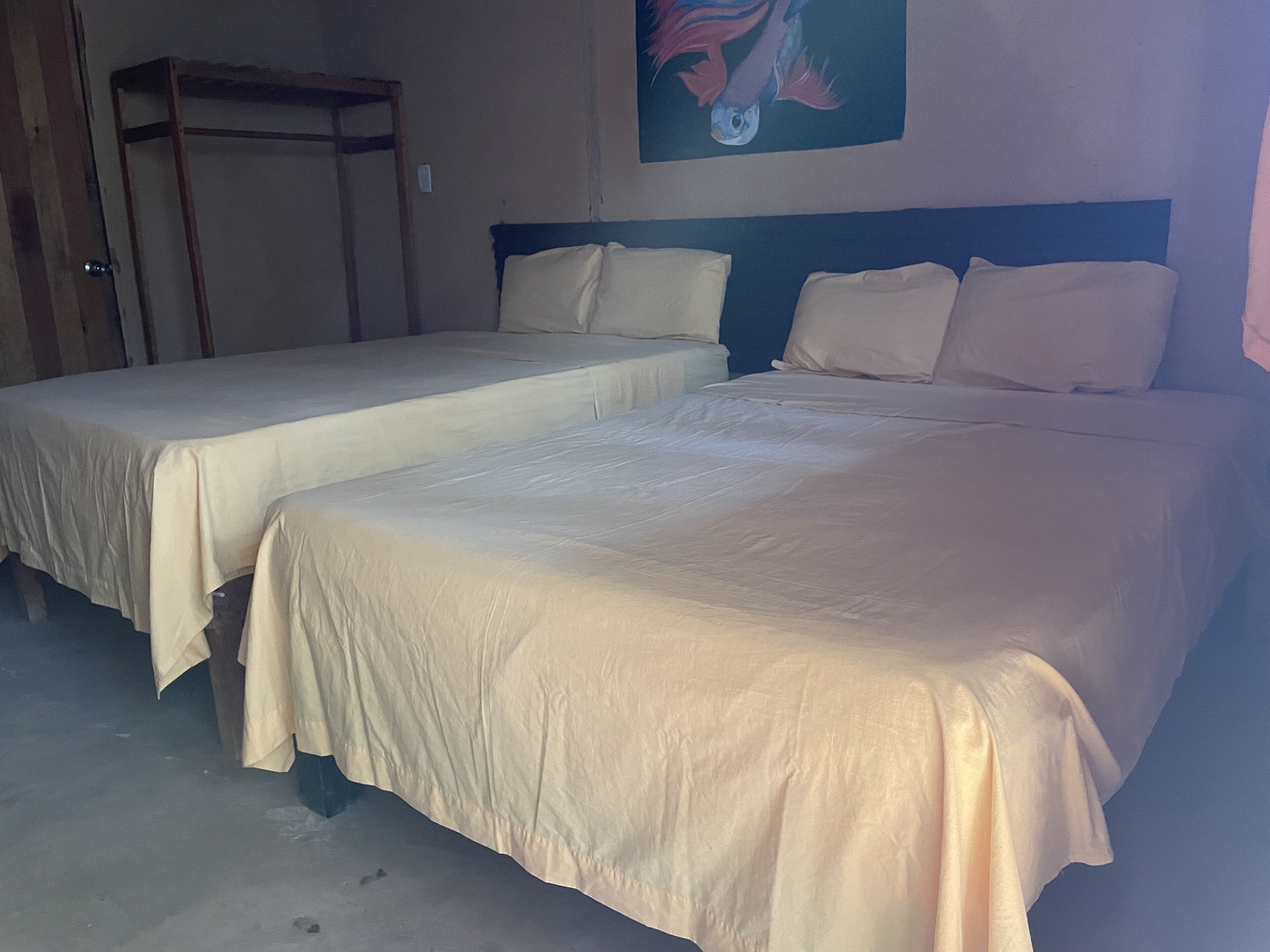 Deux lits simples avec du linge de lit blanc dans une chambre où se trouve un lit superposé adossé au mur.