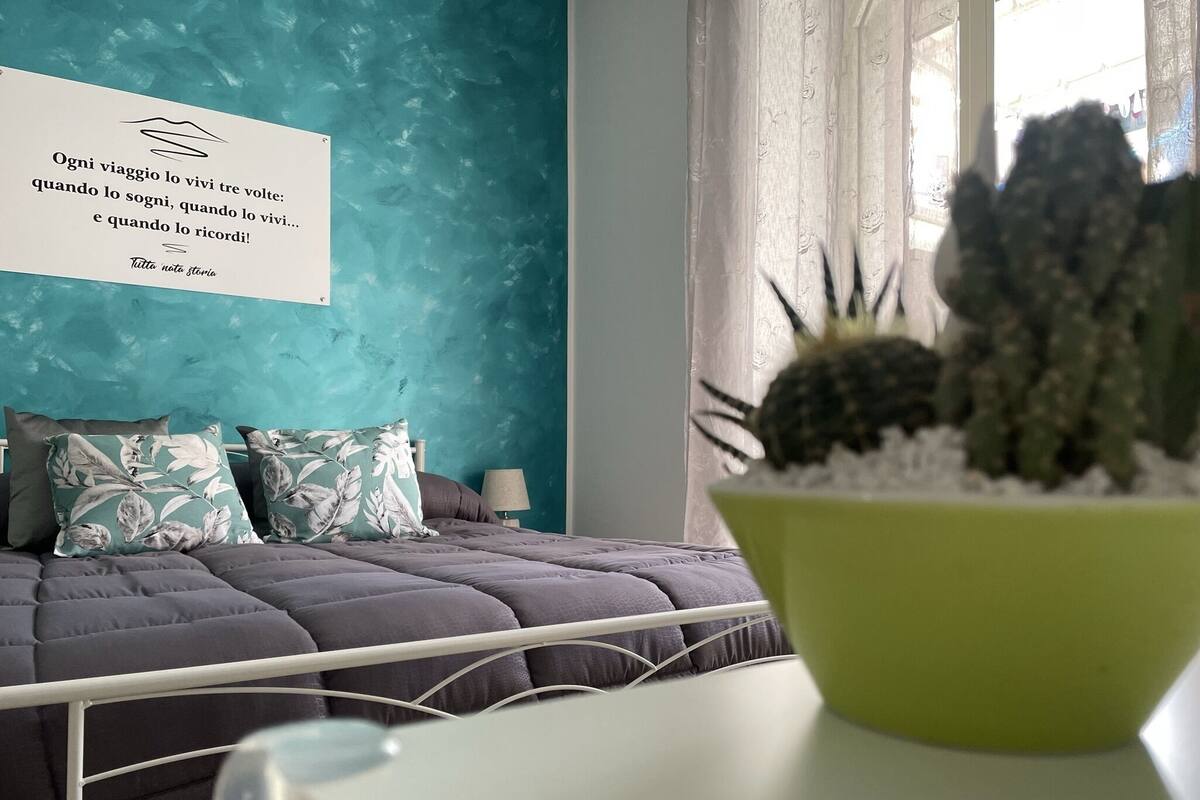 A bedroom with a teal accent wall, a bed with grey bedding, and a cactus in a green pot on a bedside table.