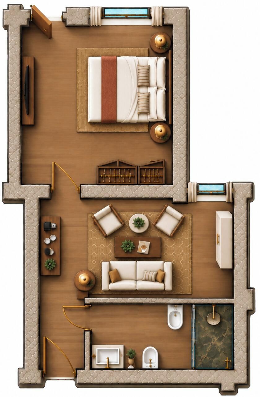 Un plan d’une chambre d’hôtel comprenant un lit, un coin salon, une salle de bain et un petit balcon.