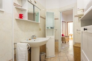 Een douche, een haardroger, een bidet, handdoeken