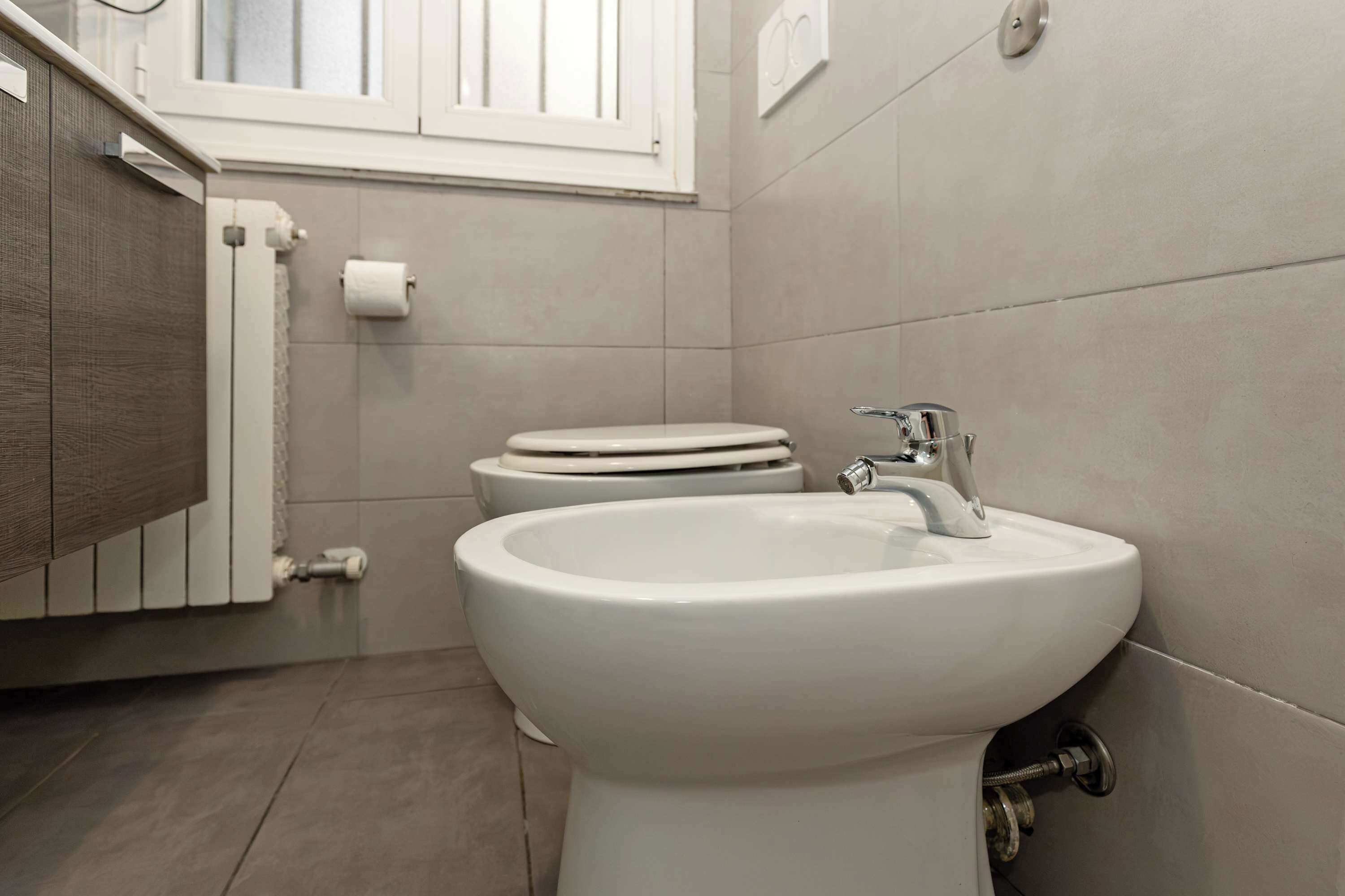 Ein Badezimmer mit einem weißen Waschbecken, zwei Toiletten und einem Fenster über der Toilette.