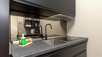 Una cocina moderna con un lavamanos doble, encimeras de acero inoxidable y una campana extractora integrada.