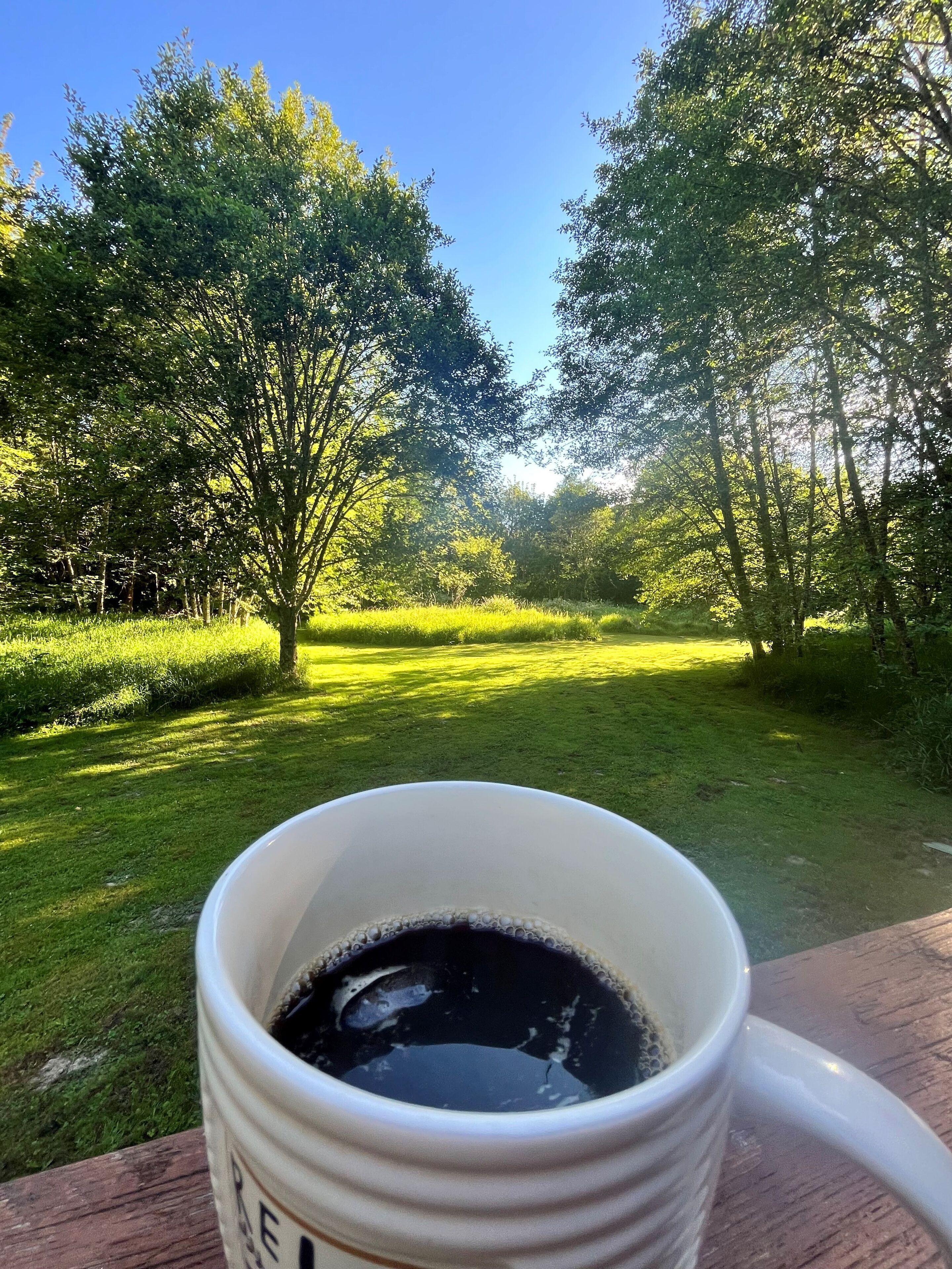 Een witte mok met koffie op een houten tafel, voor een achtergrond van een grasveld en bomen onder een heldere lucht.