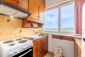 A compact kitchen with wooden cabinets, a gas stove, a sink, and a window with a view of greenery.