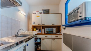Una cucina compatta con lavandino, forno a microonde e forno tostatutto.