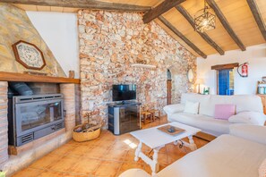 Televisión, chimenea y reproductor de DVD 