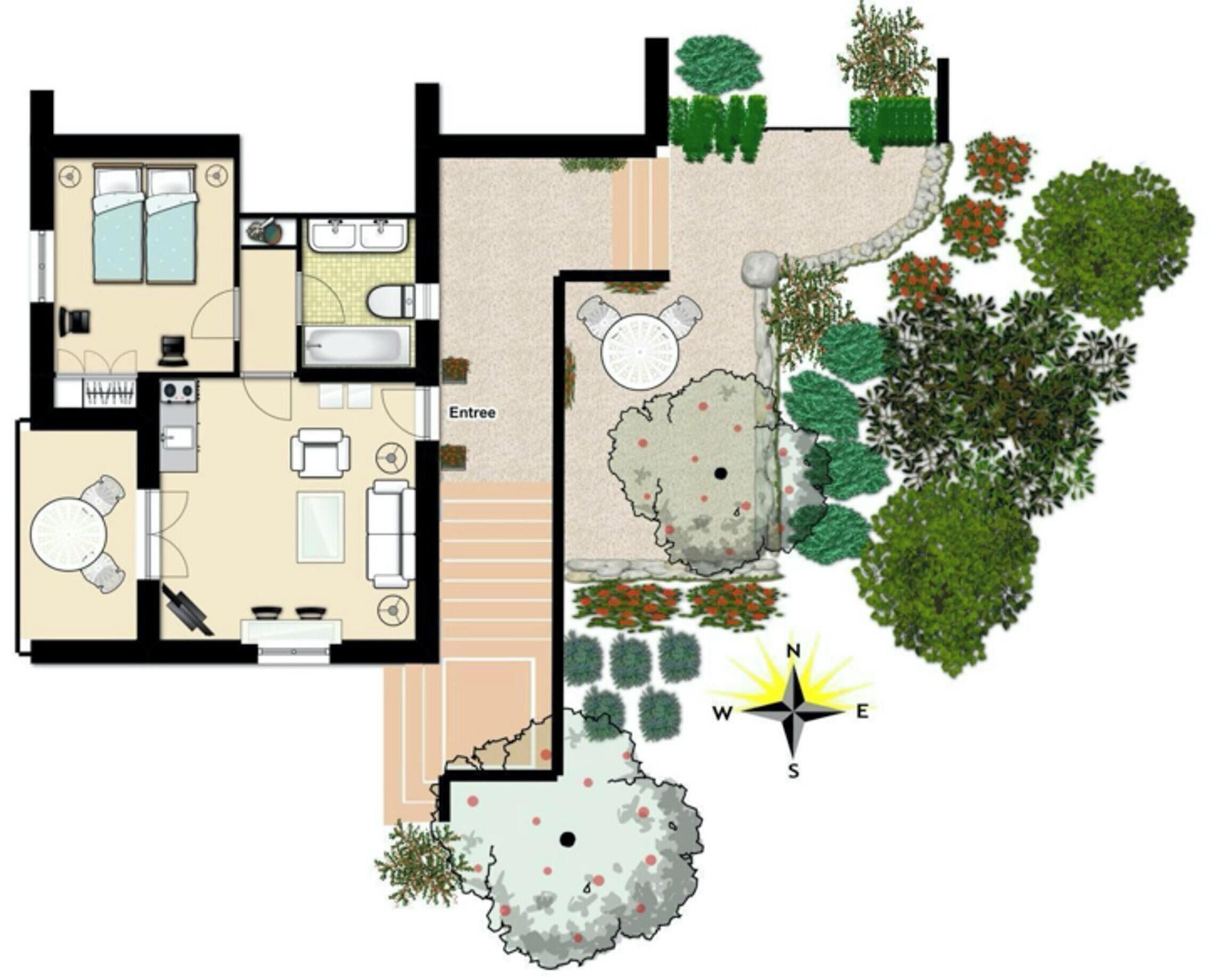 A hotel layout with a bedroom, bathroom, kitchen, dining area, and a garden with various plants and a fountain.