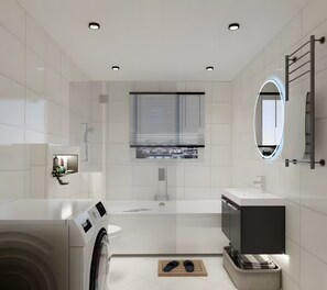 Shower, hair dryer, towels