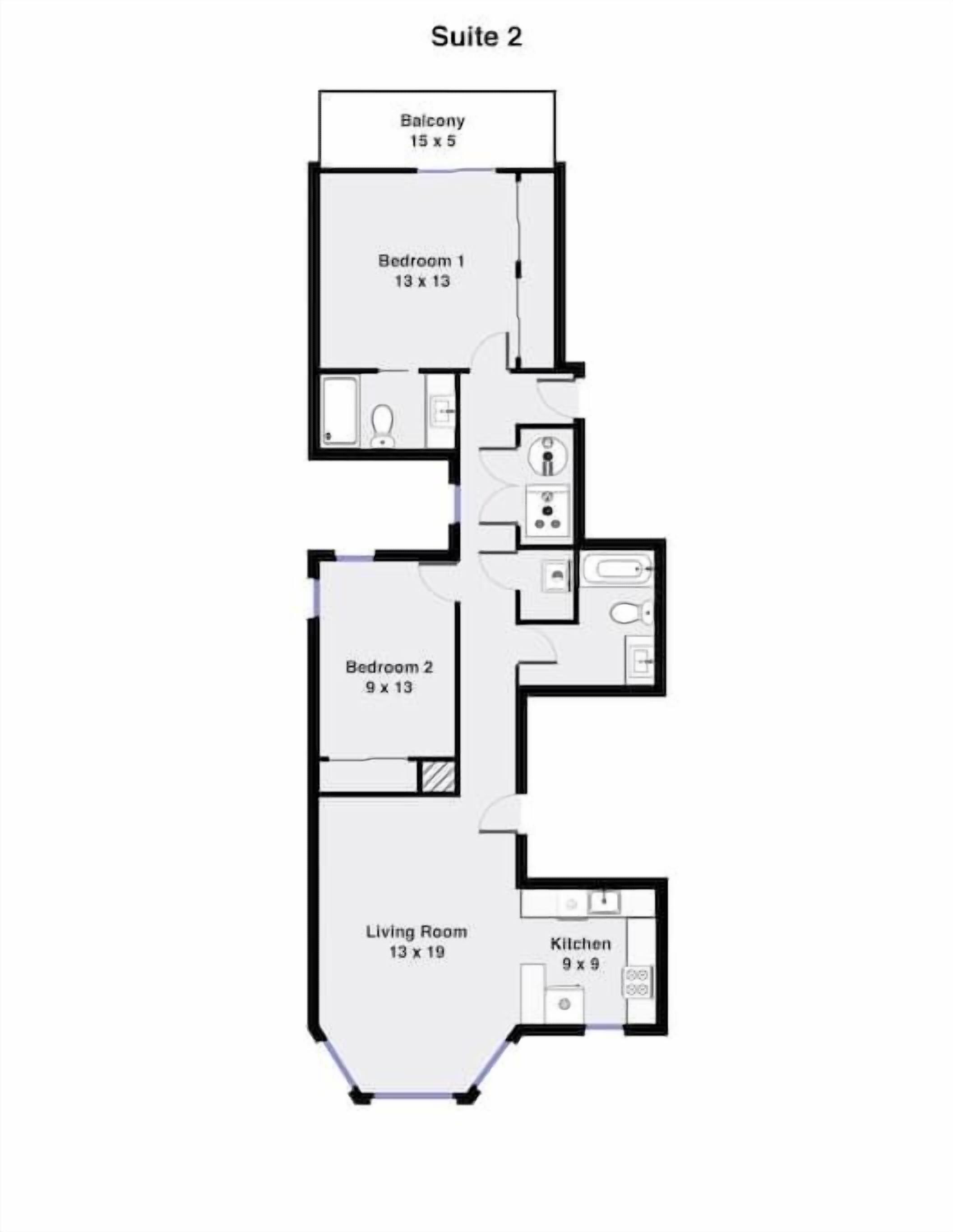 A floor plan of Suite 2 with a balcony, two bedrooms, a living room, and a kitchen.