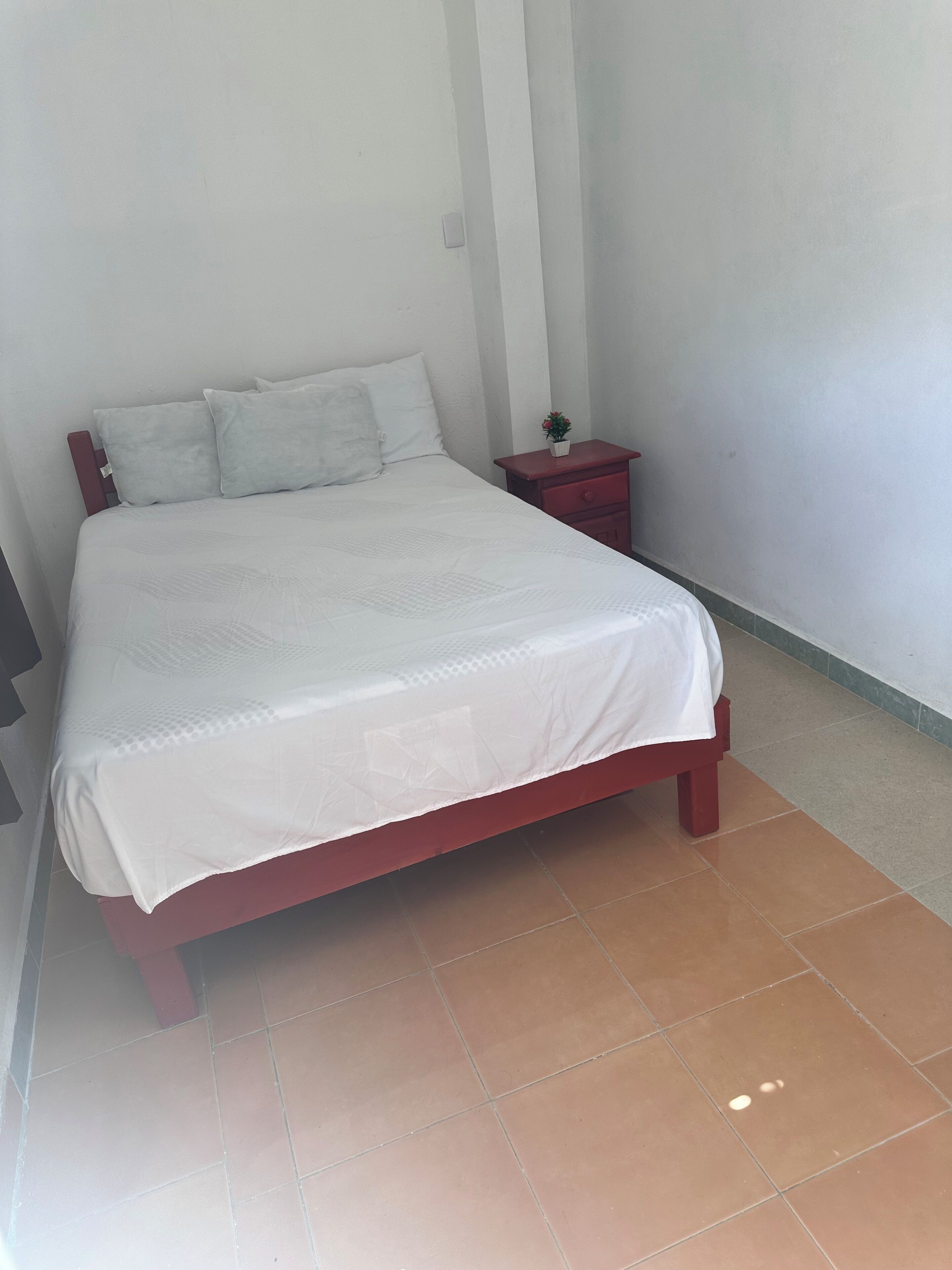 Una cama bien hecha con una colcha blanca y almohadas, una mesita de noche con una planta y un mueble de noche rojo.