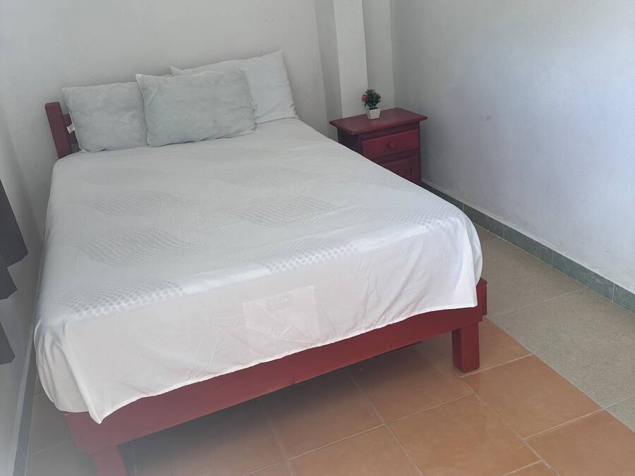 Una cama bien hecha con una colcha blanca y almohadas, una mesita de noche con una planta y un mueble de noche rojo.