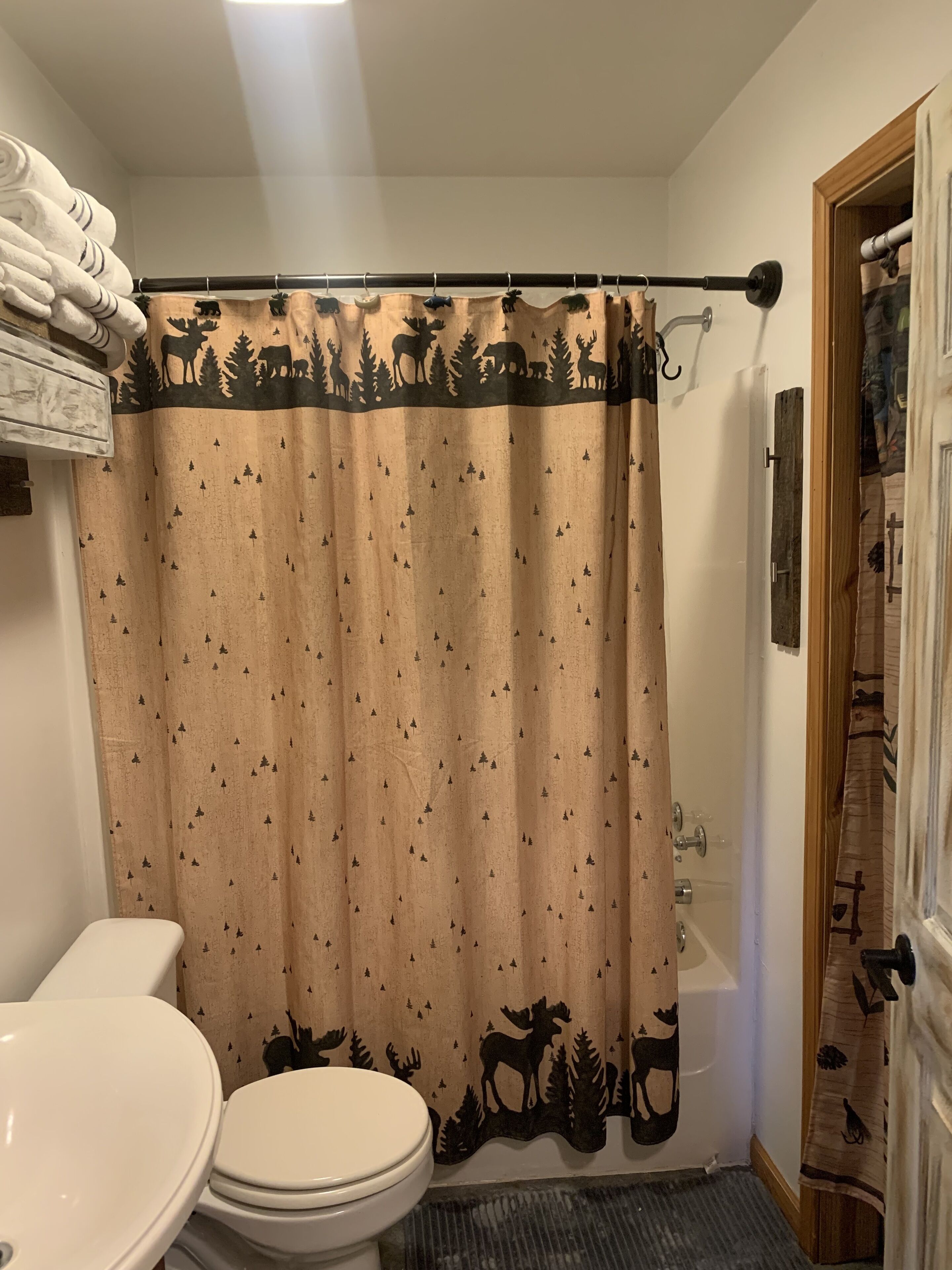 Hair dryer, towels, soap, shampoo