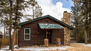 Une cabane rustique en rondins de bois, avec une cheminée en pierre, une porte verte et des fondations en pierre.