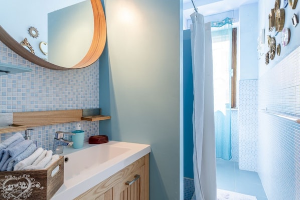 Shower, hair dryer, bidet, towels