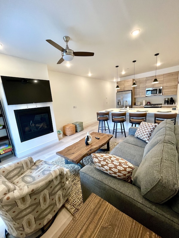 Smart TV, chimenea, libros