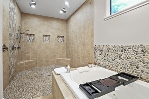 Shower, jetted bath, hair dryer, towels - The Fairchild Haus | 30 Acres, Sauna, EV Charger (Logan)