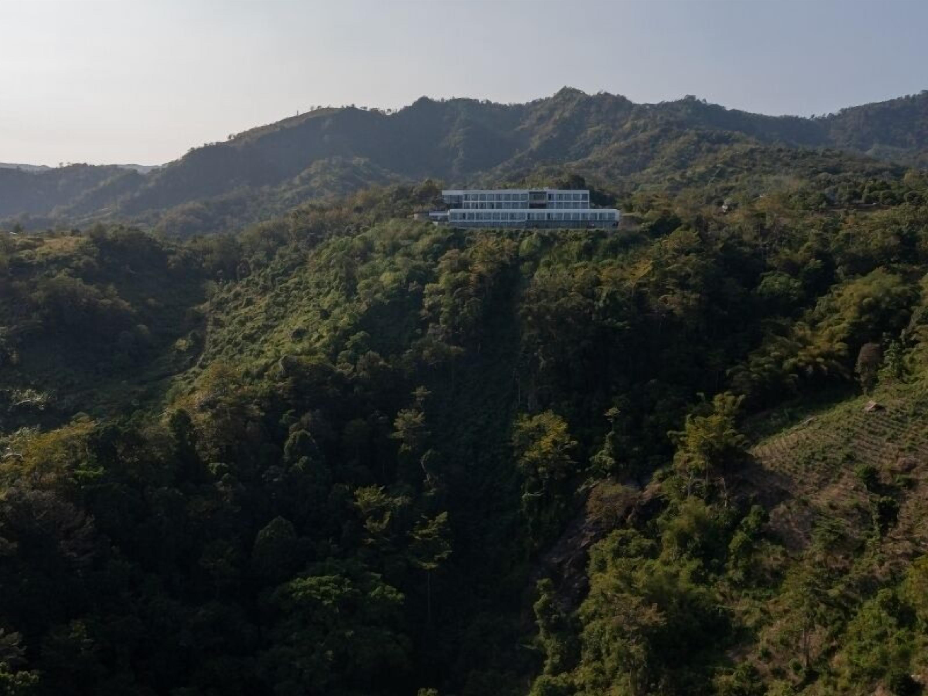 A modern building on a hillside with dense forest.