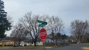 A stop sign at an intersection with street signs for Blakely St. and E Hamilton Ave.