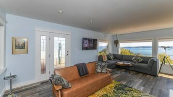 Smart TV, fireplace, books