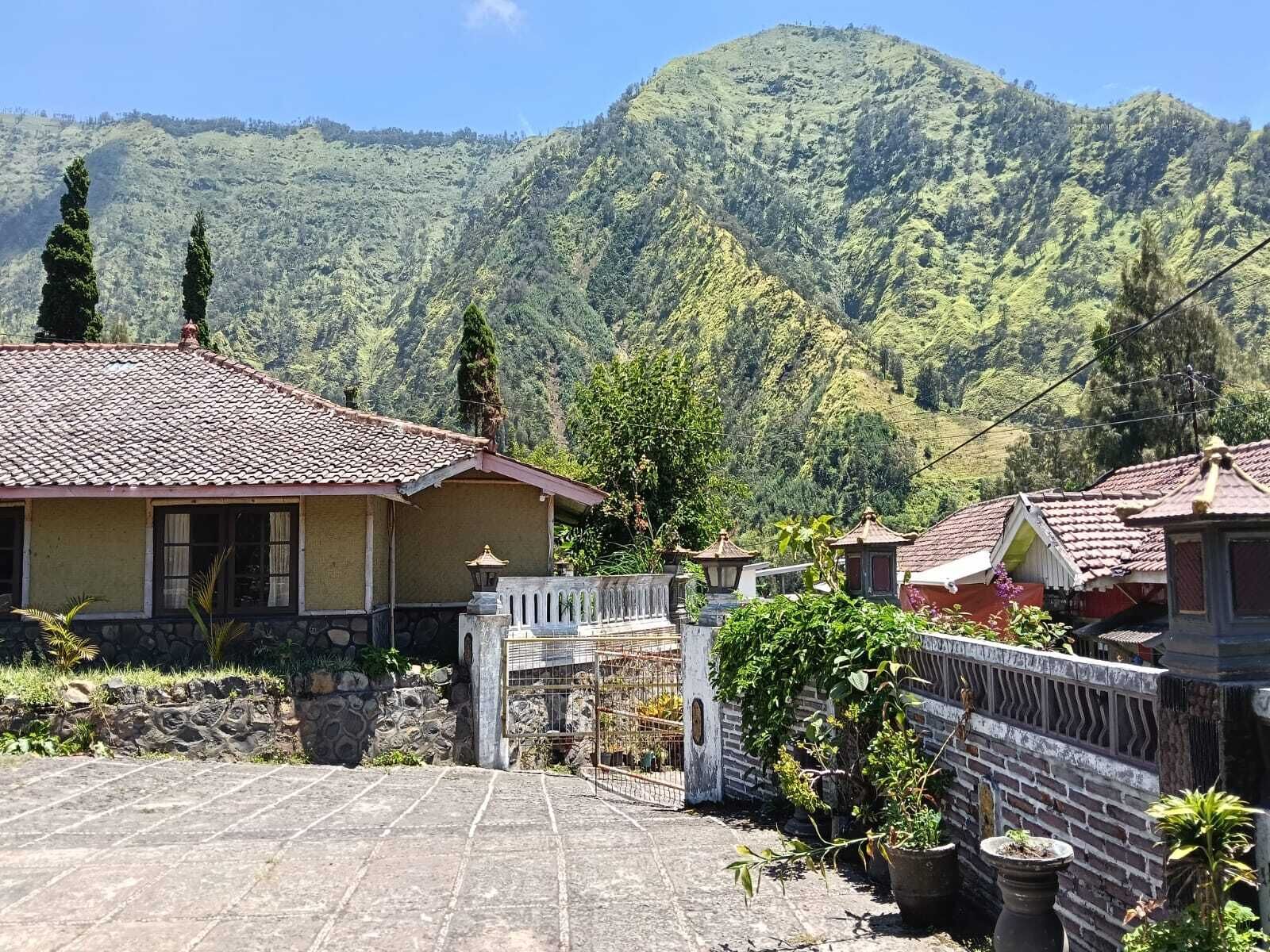 A traditional house with a tiled roof, surrounded by a stone wall and potted plants, set against a backdrop of lush green hills.