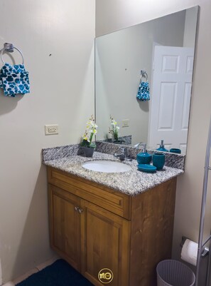 Hair dryer, towels, soap, toilet paper