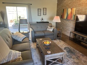 Smart TV, fireplace, books, computer monitors