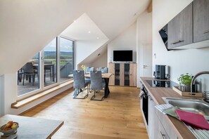 Fridge, oven, stovetop, dishwasher - Apartment 'View to Säntis' with Mountain View, Balcony and Wi-Fi (Horgenzell)