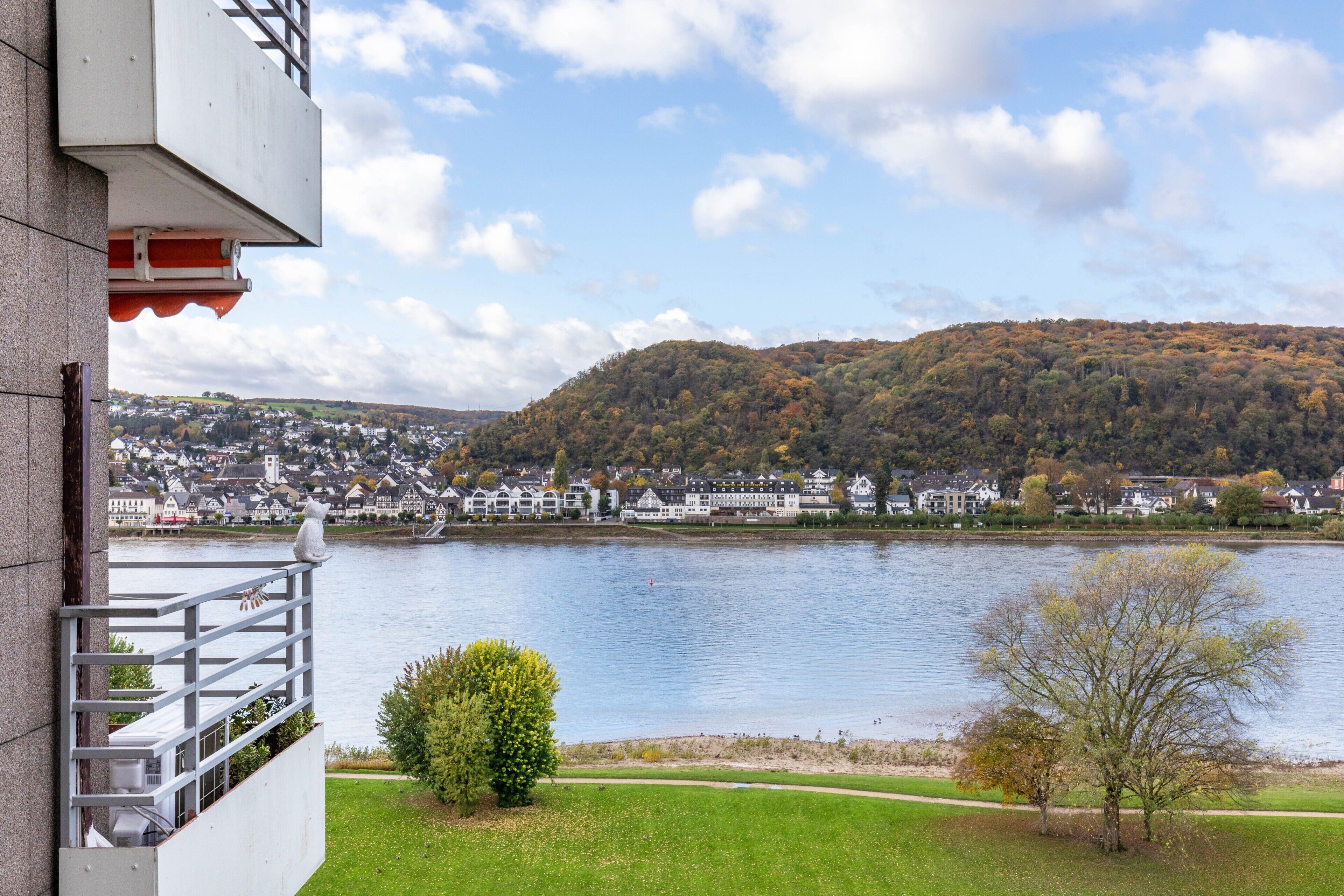 Blick auf einen See mit einem Gebäude, einem Weg und einem Hügel mit Bäumen.