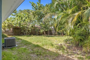 A backyard with a lawn, a palm tree, and an air conditioning unit.