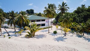 A two-story building with a green roof, surrounded by palm trees and a sandy beach.