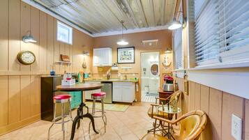 Fridge, microwave, coffee/tea maker, cookware/dishes/utensils