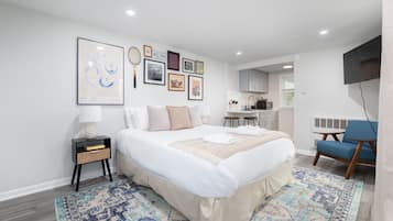 1 bedroom, desk, iron/ironing board, travel crib