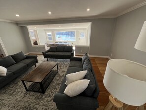 Smart TV, fireplace, foosball, books