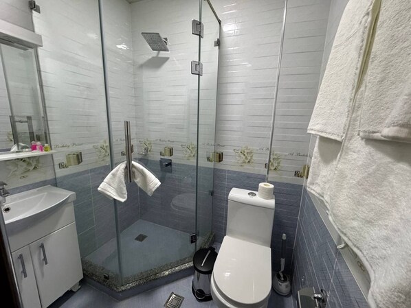A bathroom with a glass-enclosed shower, a white toilet, and a sink.