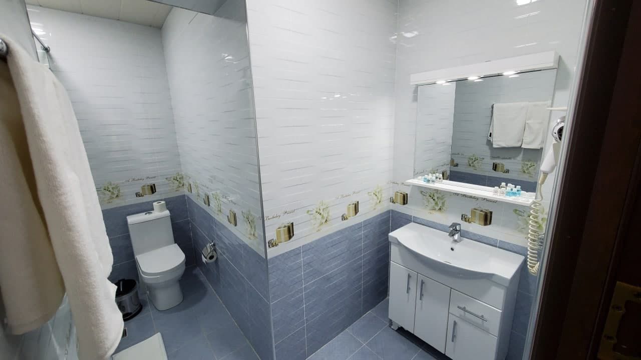A bathroom with a toilet, sink, and mirror.