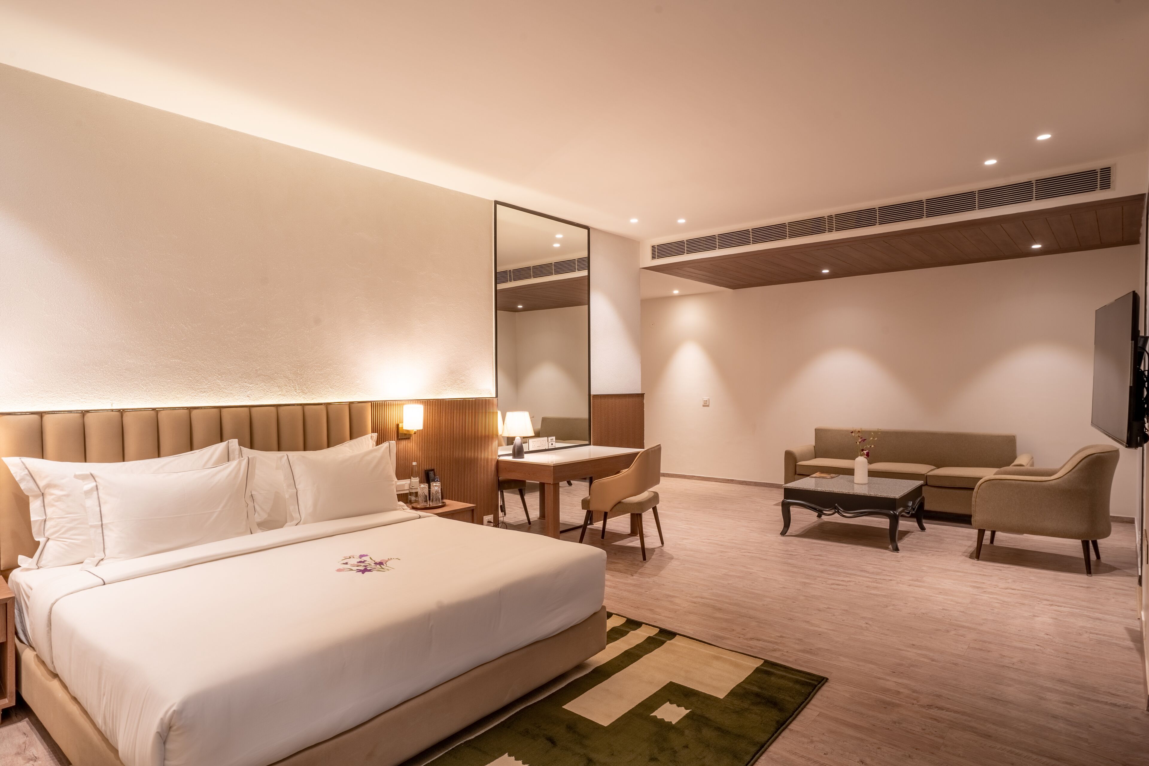 A hotel room with a large bed, a desk, a sofa, and a TV.