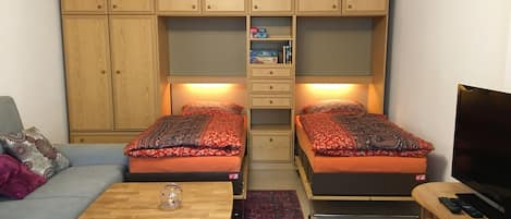 A compact room with two single beds, a sofa, a coffee table, a TV, and built-in shelving.